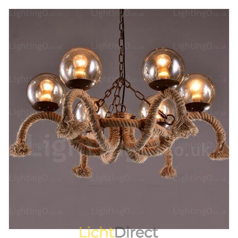 6-lichts vintage retro hanglamp met glazen kap