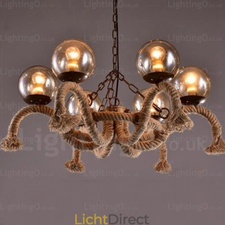 6-lichts vintage retro hanglamp met glazen kap 6-lichts vintage retro hanglamp met glazen kap