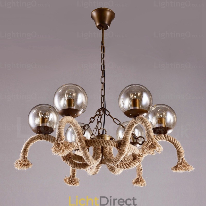 6-lichts vintage retro hanglamp met glazen kap