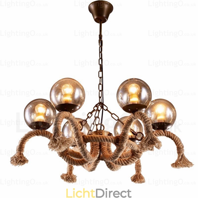 6-lichts vintage retro hanglamp met glazen kap