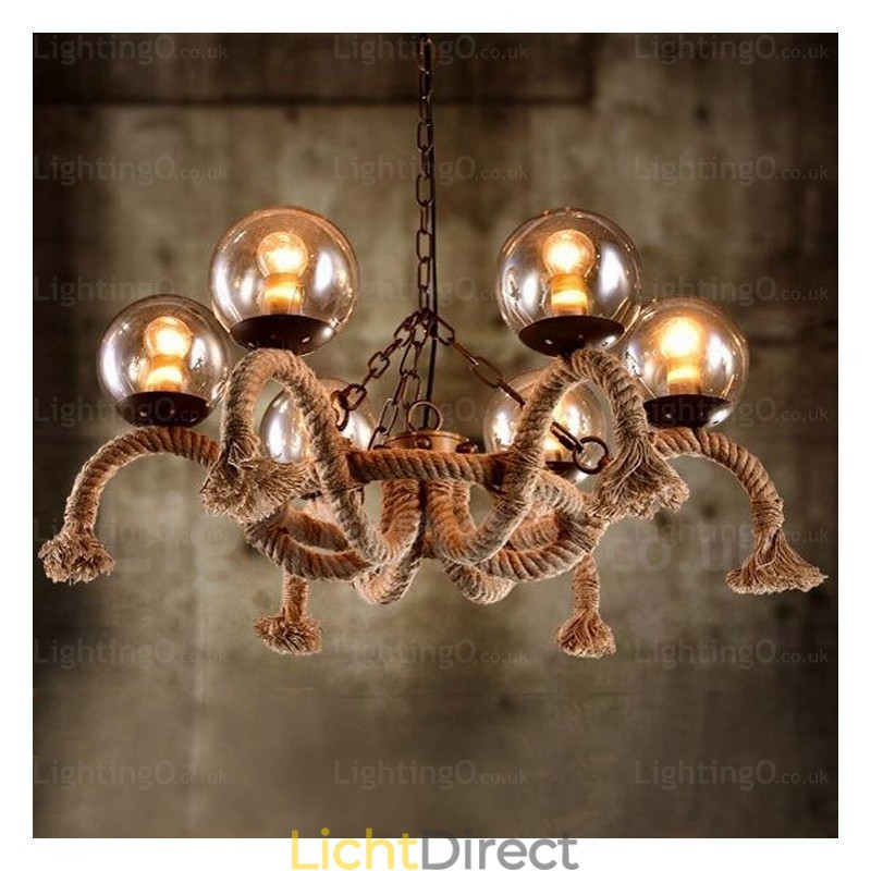 6-lichts vintage retro hanglamp met glazen kap