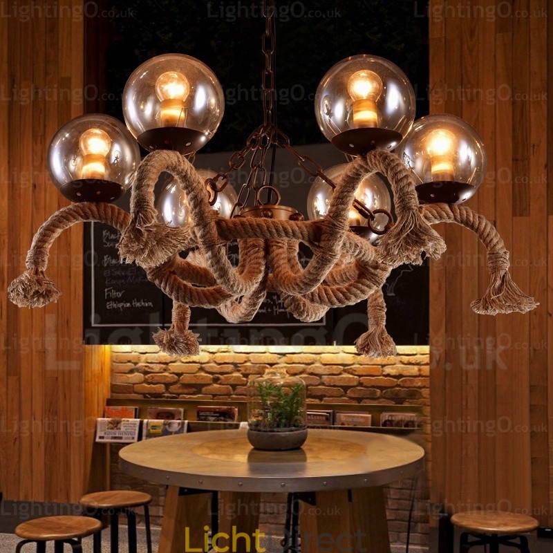 6-lichts vintage retro hanglamp met glazen kap