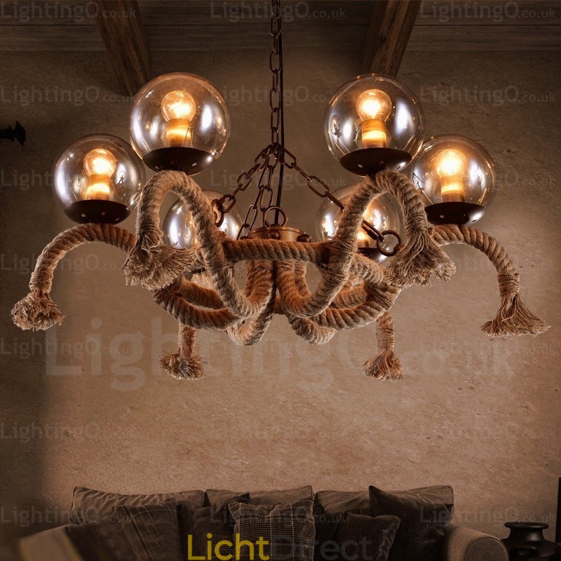 6-lichts vintage retro hanglamp met glazen kap
