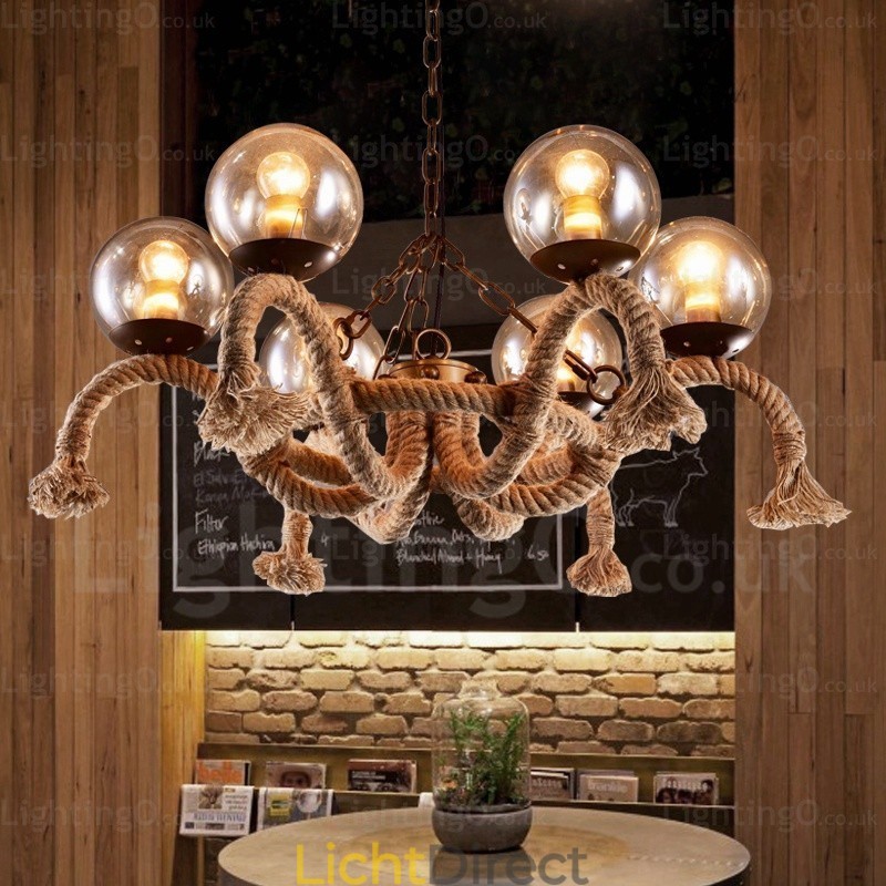 6-lichts vintage retro hanglamp met glazen kap