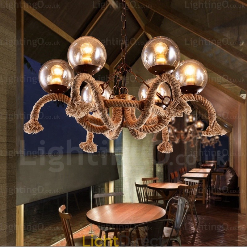6-lichts vintage retro hanglamp met glazen kap
