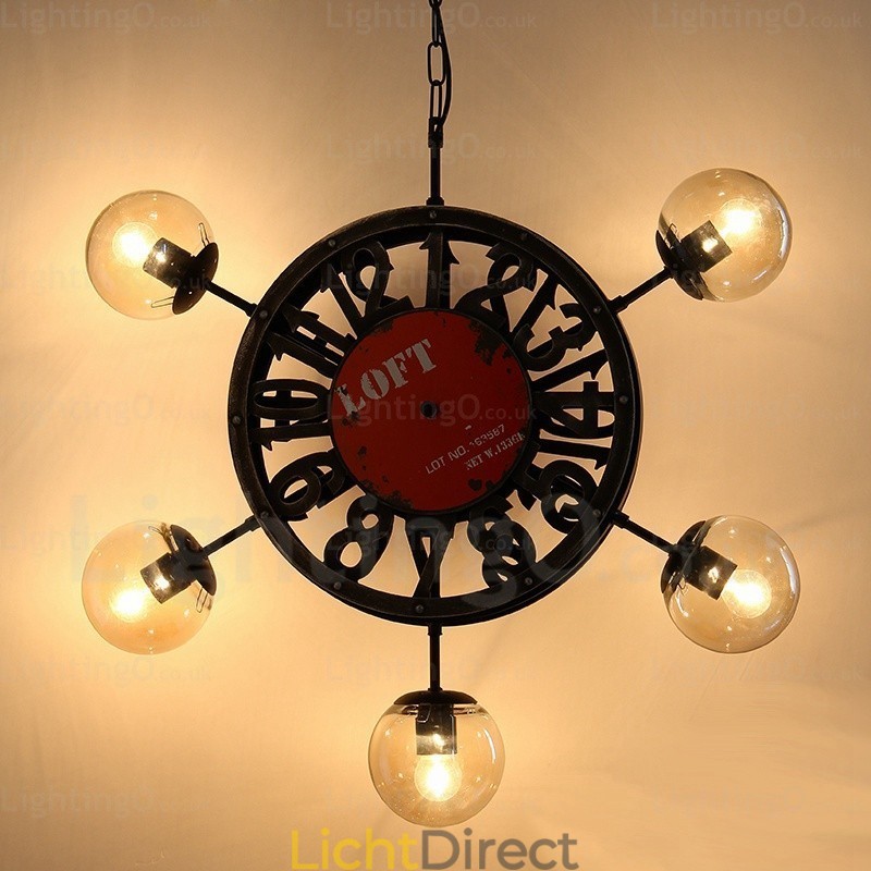 5-lichts vintage retro hanglamp met glazen kap