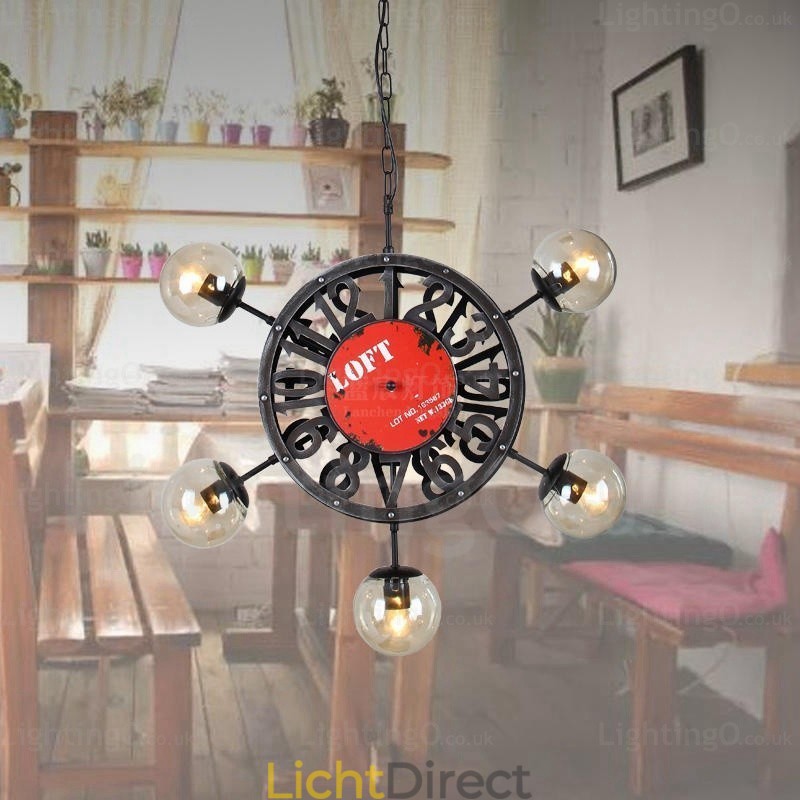 5-lichts vintage retro hanglamp met glazen kap