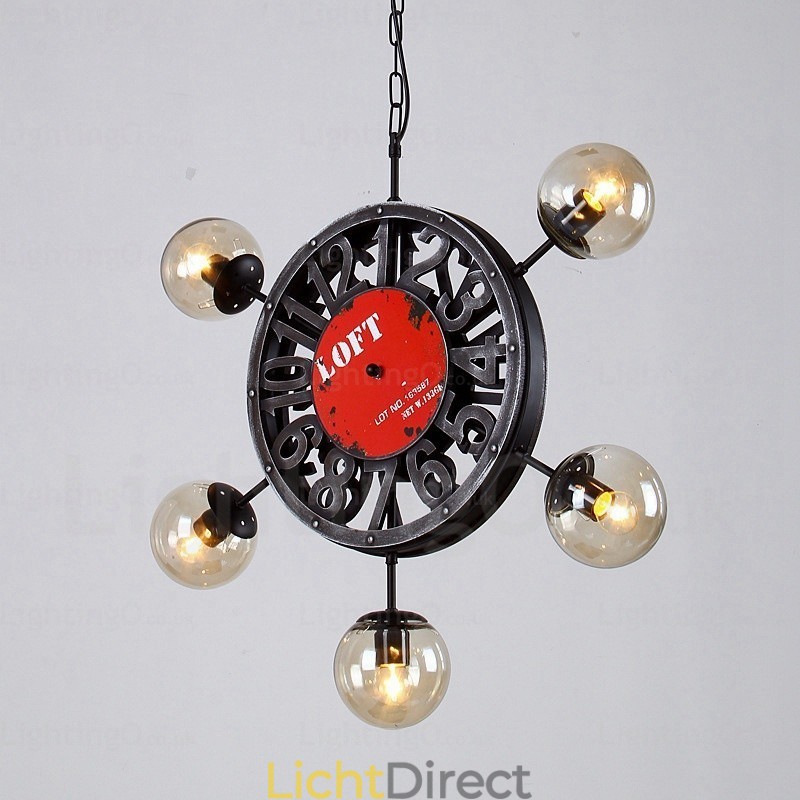 5-lichts vintage retro hanglamp met glazen kap