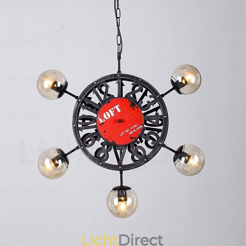 5-lichts vintage retro hanglamp met glazen kap