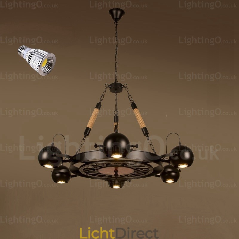 6-lichts vintage retro hanglamp met roestvrijstalen kap