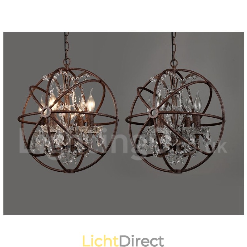 4 Lichts Diameter 40CM Vintage Kristallen Wereldbol Schilderij Metalen Kroonluchter Roestige Kleur Hanglamp