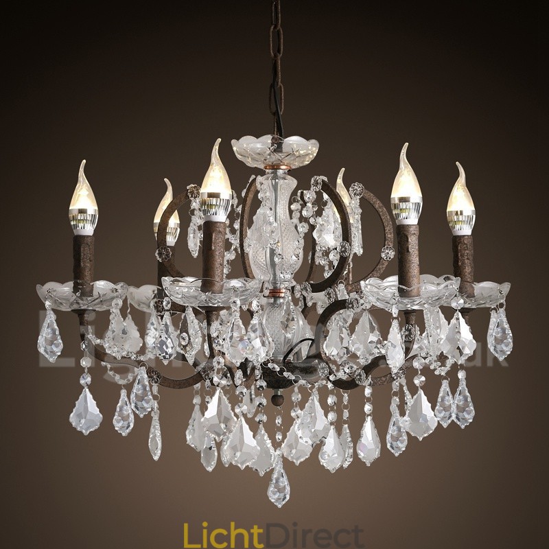 6 Lichts Diameter 60CM Vintage Kristal Schilderij Metalen Kroonluchter Roestig IJzer Kleur Hanglamp