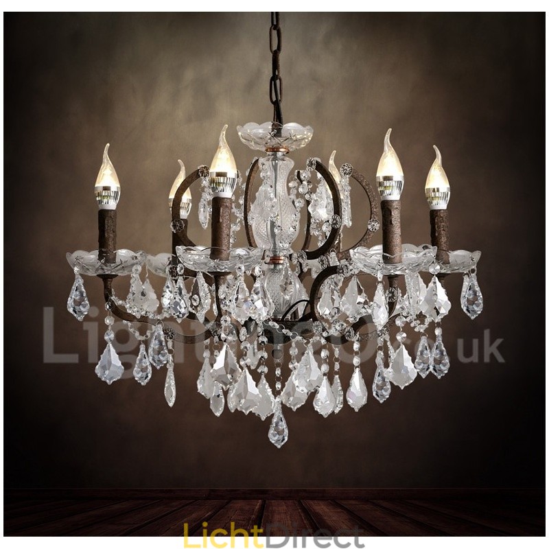 6 Lichts Diameter 60CM Vintage Kristal Schilderij Metalen Kroonluchter Roestig IJzer Kleur Hanglamp