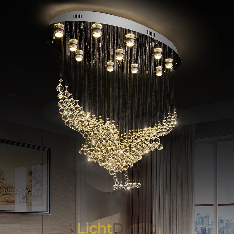 Moderne eigentijdse kroonluchter, plafondlamp, kristallen regendruppellamp