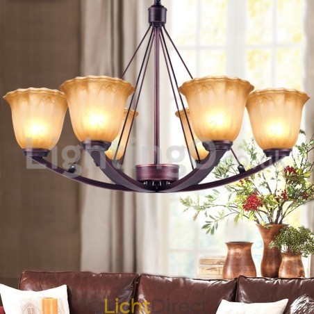 Rustieke 6-lamps glazen lampenkap roestvrijstalen kroonluchter