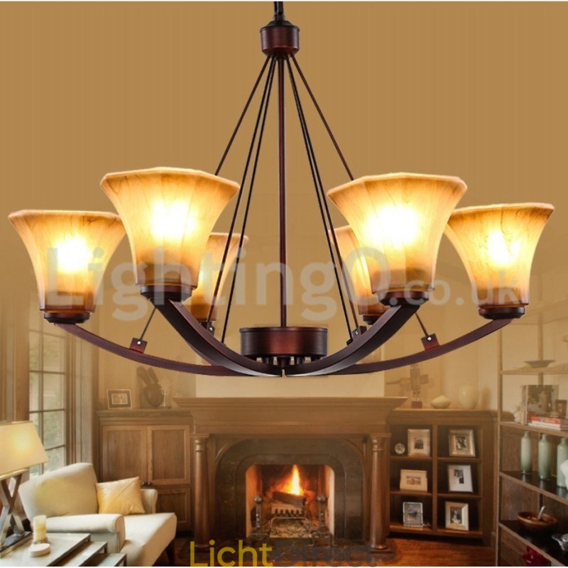 Rustieke 6-lamps glazen lampenkap roestvrijstalen kroonluchter