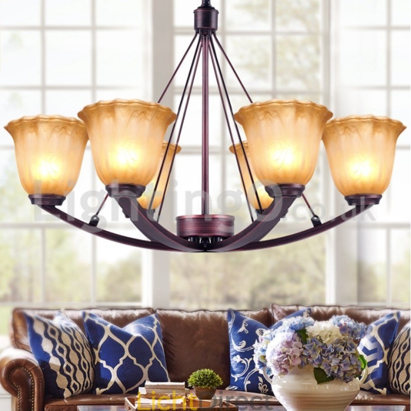 Rustieke 6-lamps glazen lampenkap roestvrijstalen kroonluchter