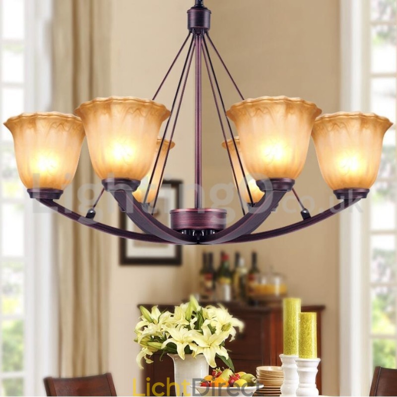 Rustieke 6-lamps glazen lampenkap roestvrijstalen kroonluchter