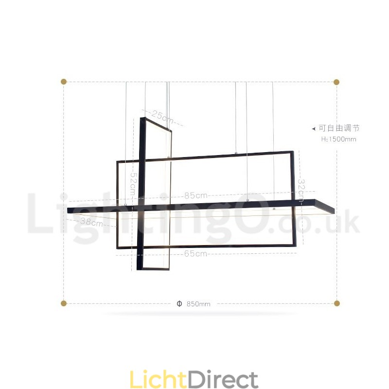 Dimbare hanglamp met afstandsbediening, modern design, drie rechthoeken