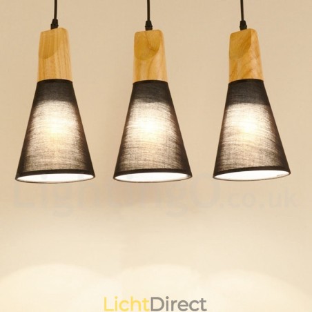 Moderne hanglamp van hout met 1 licht en 3 lampen en stoffen kap Moderne hanglamp van hout met 1 licht en 3 lampen en stoffen kap