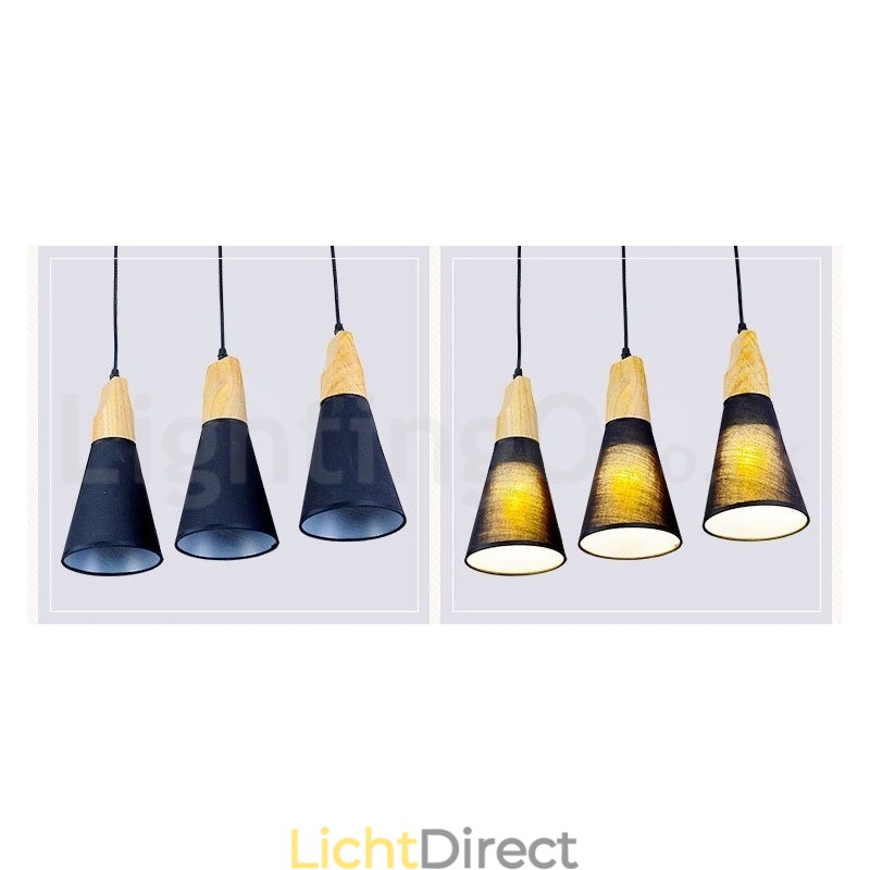 Moderne hanglamp van hout met 1 licht en 3 lampen en stoffen kap