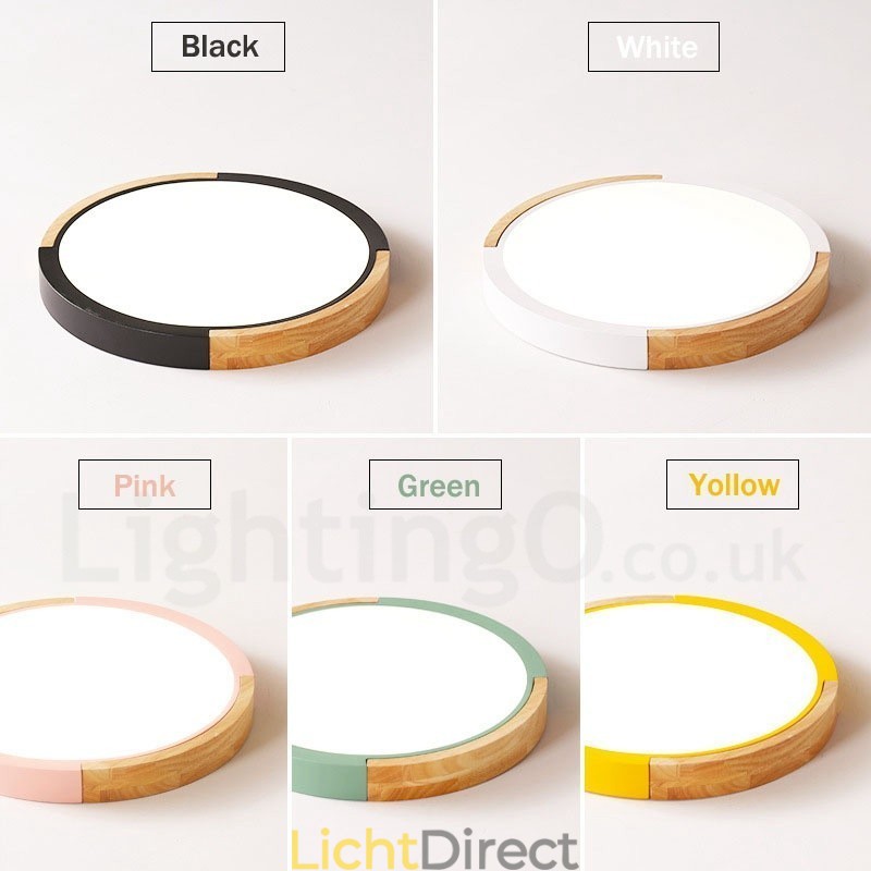Ultradunne, veelkleurige ronde plafondlamp van hout, massief houten kap, plafondlamp in Scandinavische stijl