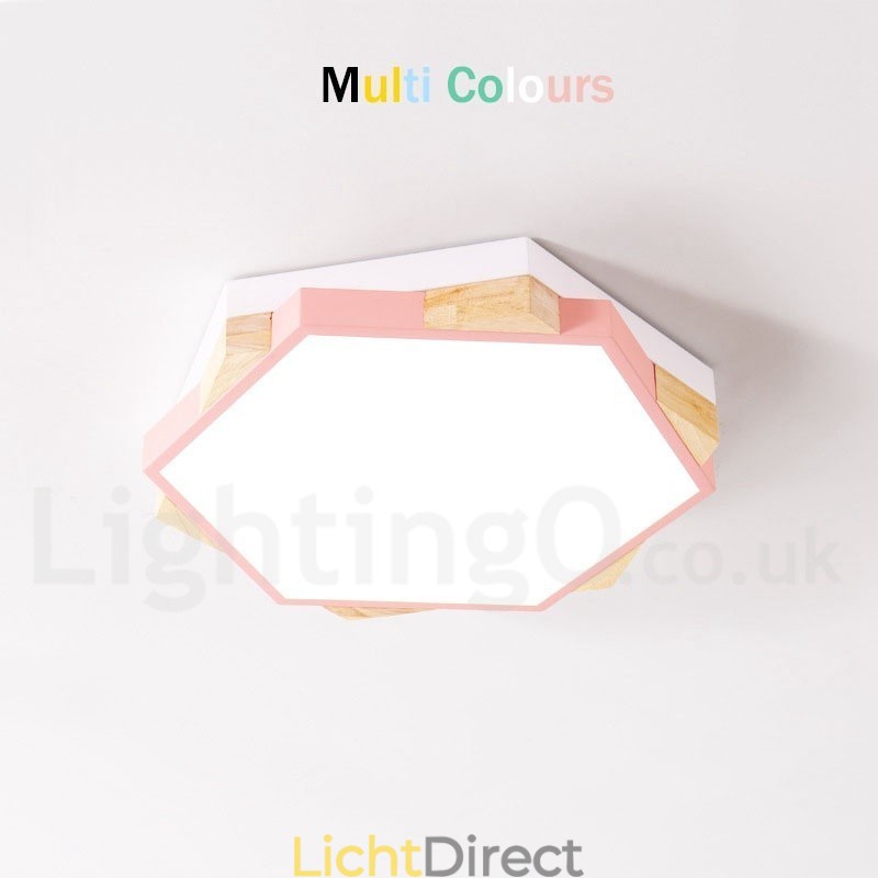 Dimbare, meerkleurige zeshoekige plafondlamp van hout met acrylkap Plafondlamp in Scandinavische stijl