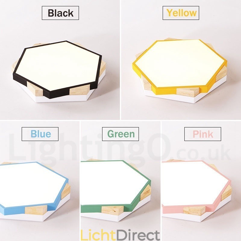 Dimbare, meerkleurige zeshoekige plafondlamp van hout met acrylkap Plafondlamp in Scandinavische stijl