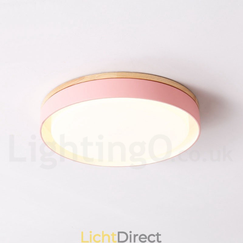 Dimbare, veelkleurige, ronde plafondlamp van hout met acrylkap Plafondlamp in Scandinavische stijl