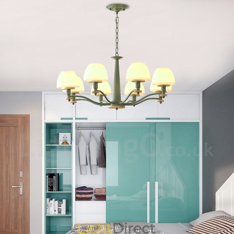 6-lichts 8-lichts multikleurige Macaron-houten hanglamp met glazen kappen kroonluchter Scandinavische stijl