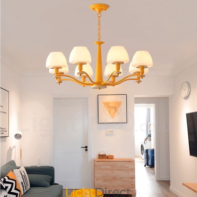 6-lichts 8-lichts multikleurige Macaron-houten hanglamp met glazen kappen kroonluchter Scandinavische stijl