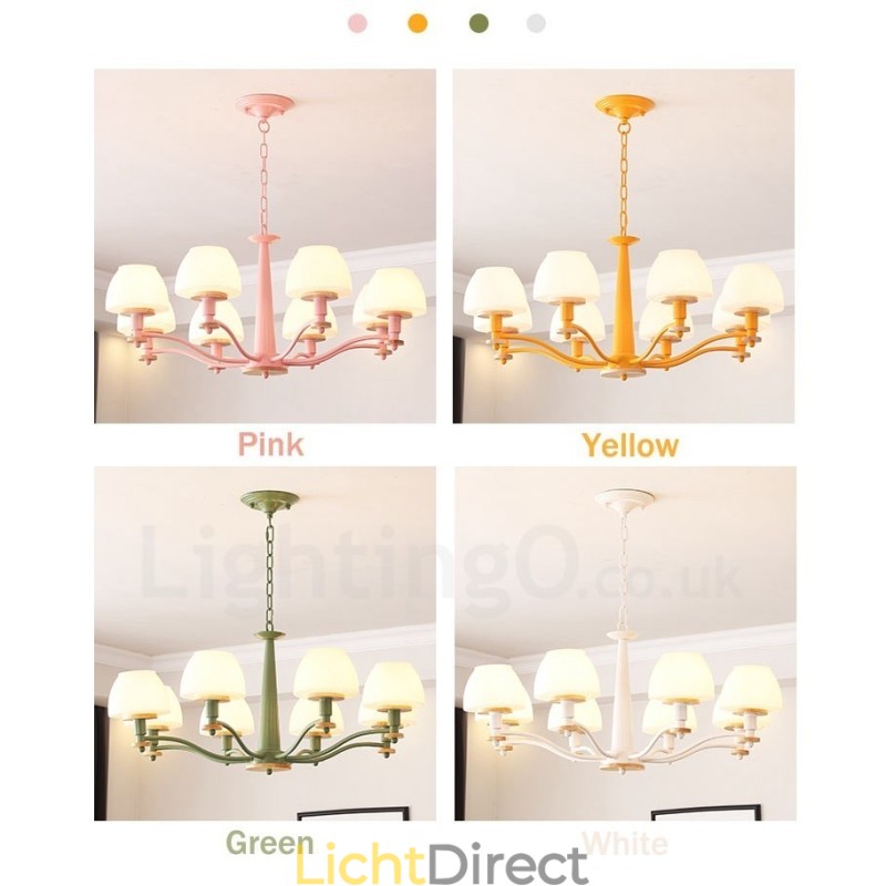 6-lichts 8-lichts multikleurige Macaron-houten hanglamp met glazen kappen kroonluchter Scandinavische stijl