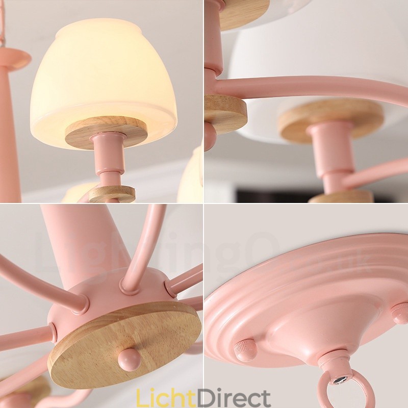 6-lichts 8-lichts multikleurige Macaron-houten hanglamp met glazen kappen kroonluchter Scandinavische stijl