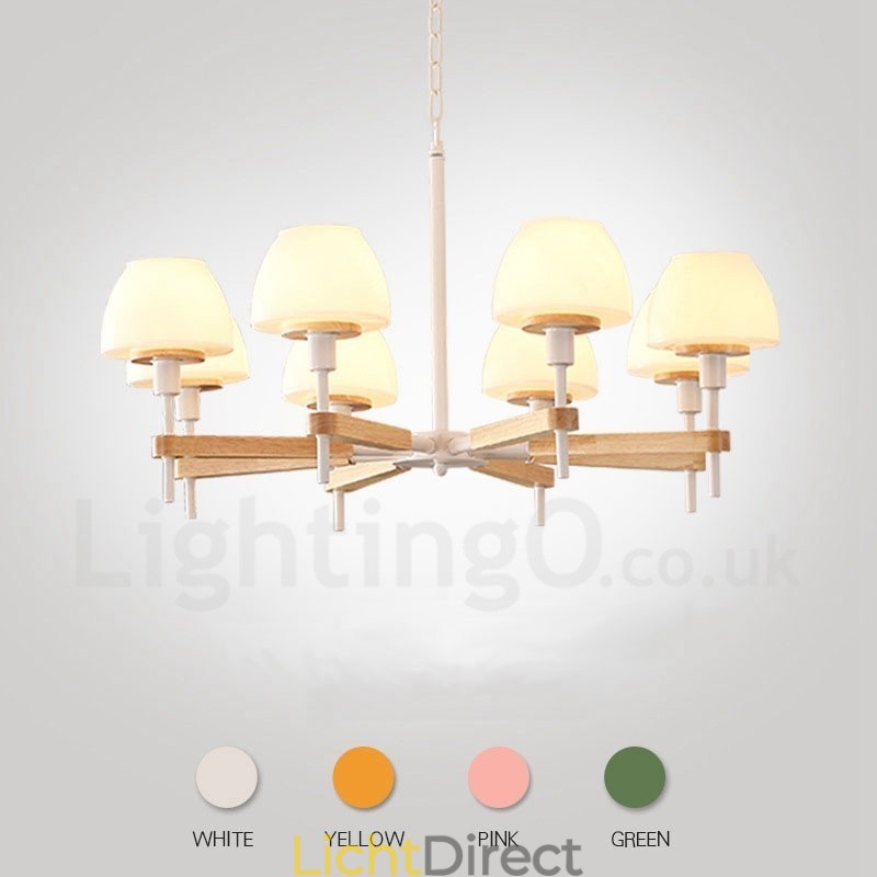 6-lichts 8-lichts multikleurige Macaron-houten hanglamp met glazen kappen kroonluchter Scandinavische stijl