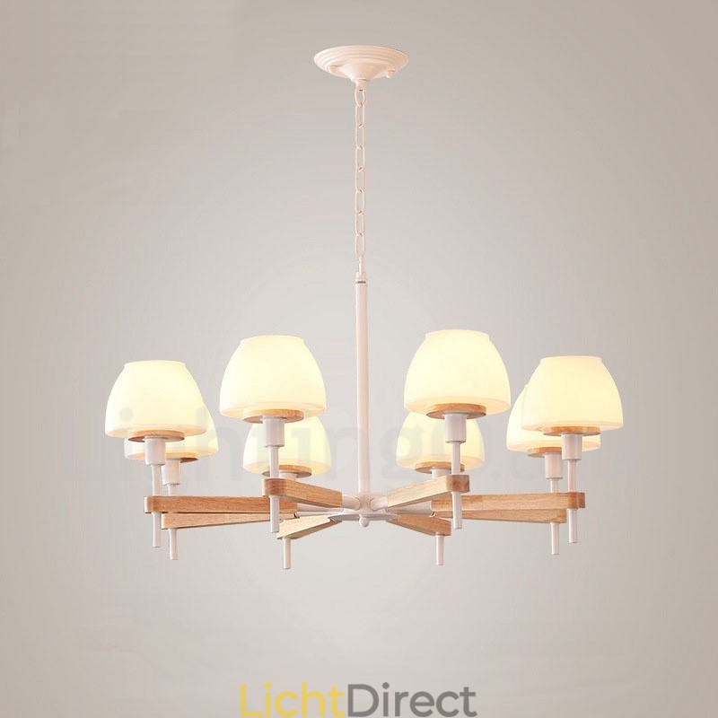 6-lichts 8-lichts multikleurige Macaron-houten hanglamp met glazen kappen kroonluchter Scandinavische stijl