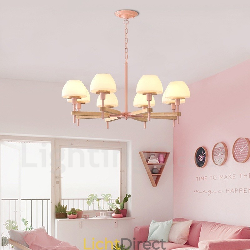 6-lichts 8-lichts multikleurige Macaron-houten hanglamp met glazen kappen kroonluchter Scandinavische stijl