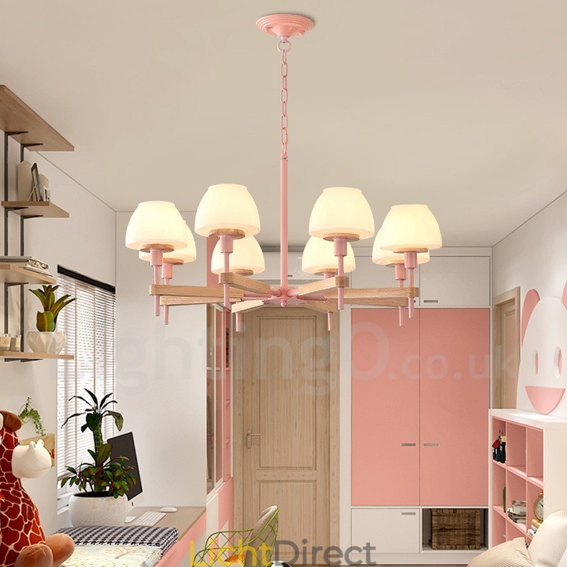 6-lichts 8-lichts multikleurige Macaron-houten hanglamp met glazen kappen kroonluchter Scandinavische stijl