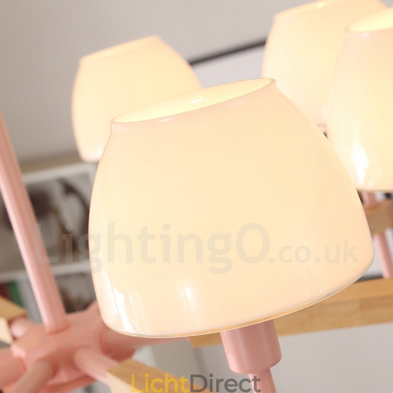 6-lichts 8-lichts multikleurige Macaron-houten hanglamp met glazen kappen kroonluchter Scandinavische stijl