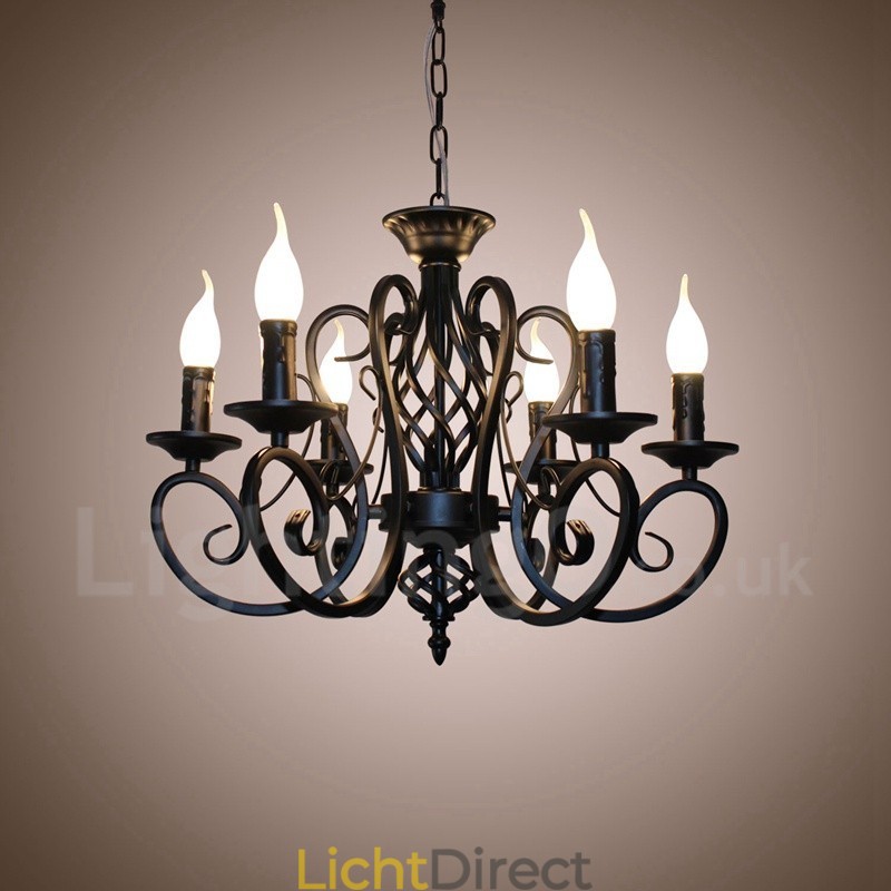 6-lichts rustieke retro vintage zwart-witte hangende kaarskroonluchter