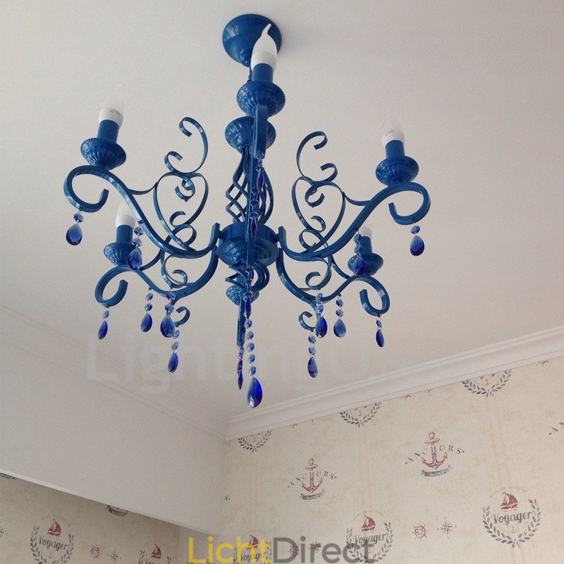 6-lichts kristal rustieke retro vintage zwart wit blauwe hangkaars kroonluchter