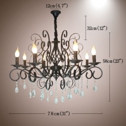 8-lichts kristallen rustieke retro vintage zwarte hangende kaars kroonluchter