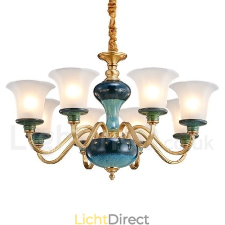Retro Vintage Messing Keramiek Hangende Kaars Kroonluchter met Glazen Kapjes Retro Vintage Messing Keramiek Hangende Kaars Kroonluchter met Glazen Kapjes