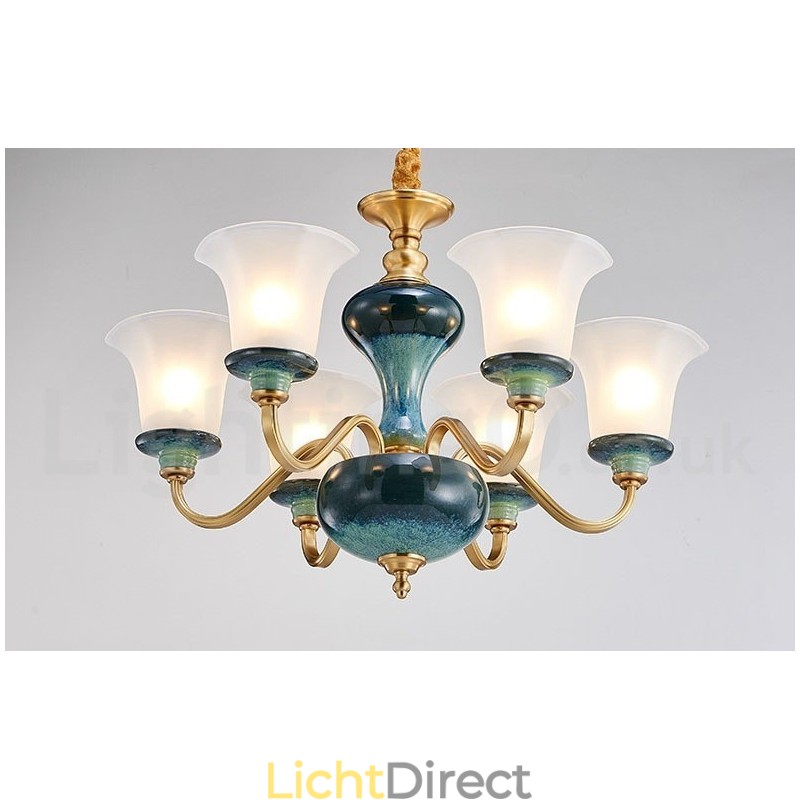 Retro Vintage Messing Keramiek Hangende Kaars Kroonluchter met Glazen Kapjes