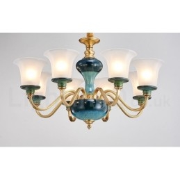 Retro Vintage Messing Keramiek Hangende Kaars Kroonluchter met Glazen Kapjes