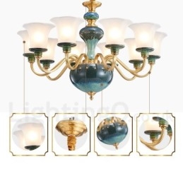 Retro Vintage Messing Keramiek Hangende Kaars Kroonluchter met Glazen Kapjes