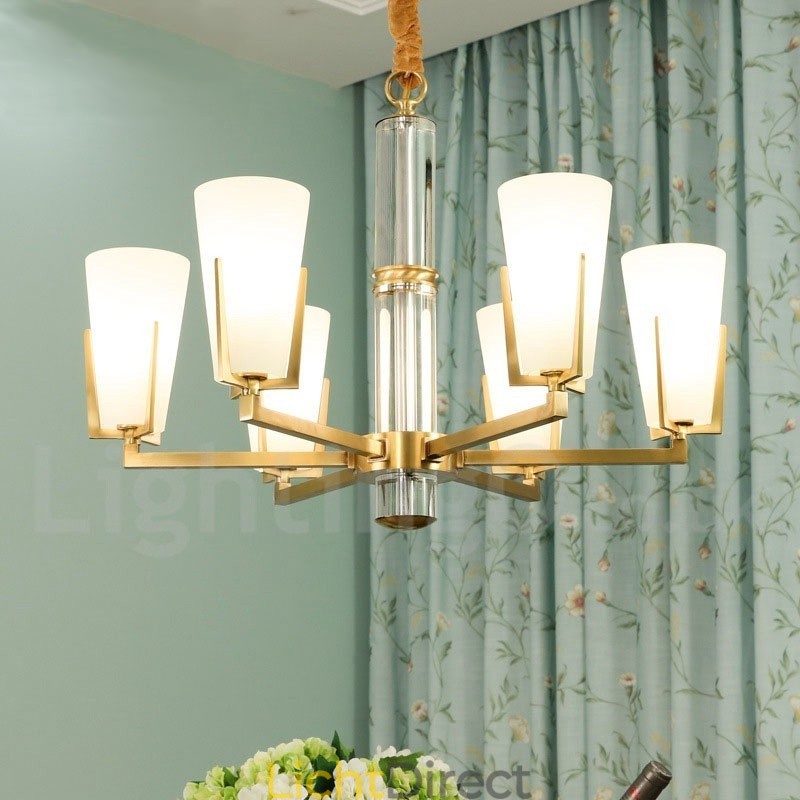 Retro Vintage Messing Kristallen Hangkaars Kroonluchter met Glazen Kapjes