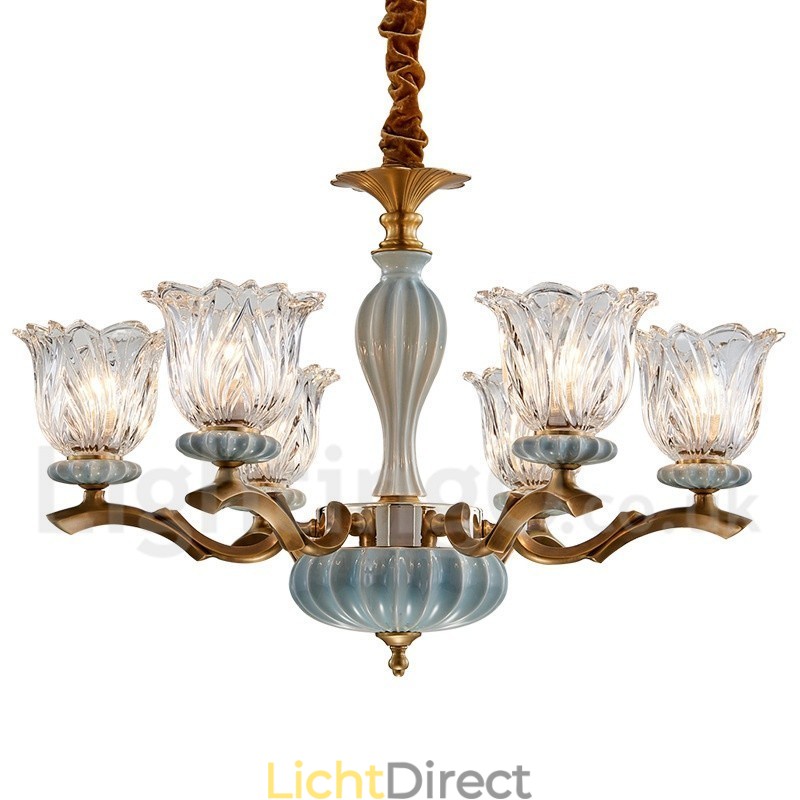Retro Vintage Messing Keramiek Hangende Kaars Kroonluchter met Glazen Kapjes