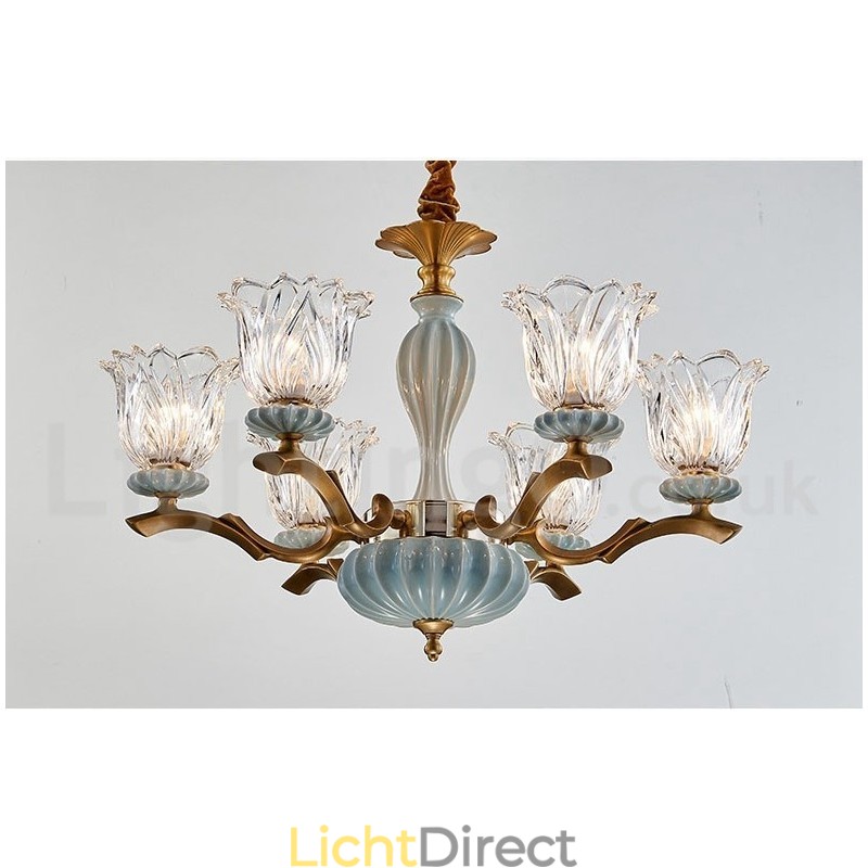 Retro Vintage Messing Keramiek Hangende Kaars Kroonluchter met Glazen Kapjes