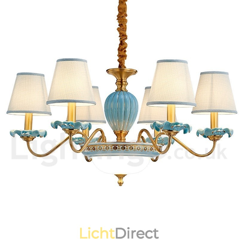 Retro Vintage Messing Keramiek Hangende Kaars Kroonluchter met Blauwe Stoffen Kapjes