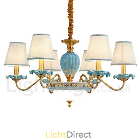 Retro Vintage Messing Keramiek Hangende Kaars Kroonluchter met Blauwe Stoffen Kapjes